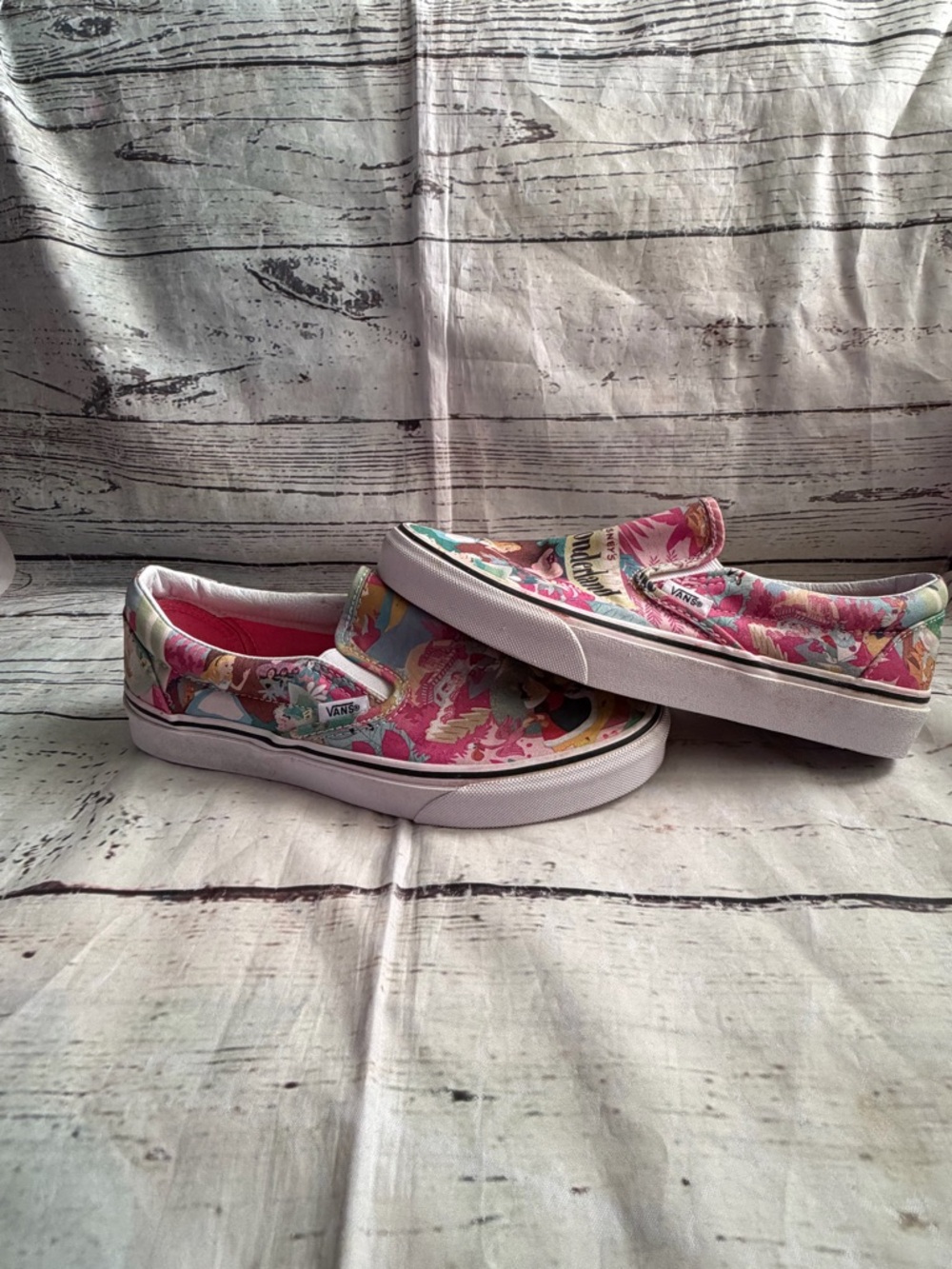 Vans Pink Multicolor Alice in Wonderland Slip-On Sneakers - Picture 6 of 11